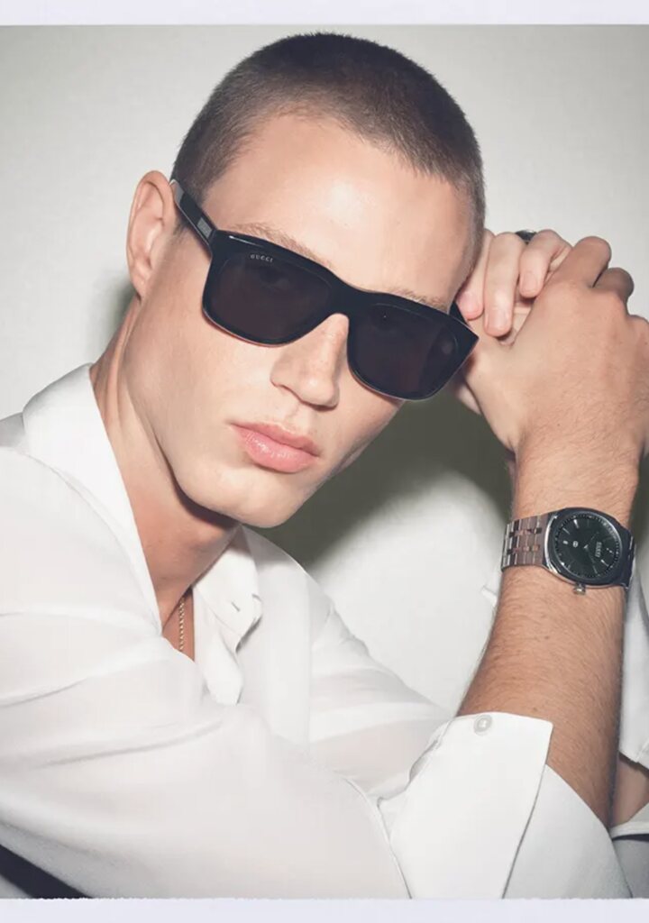 Gucci men's sunglasses — black oversized rectangular shape, La Famiglia 2026 collection, Eye-Shop
