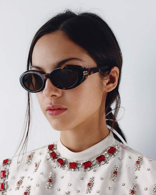 Miu Miu sunglasses 2026 — oval tortoiseshell embellished frames